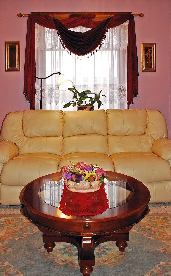 Our large living room offers comfortable leather couches with built in recliners , a great view through our large living room windows and an antique fireplace to enjoy on the cold nights with a loved one or friends and family. We have hot cocoa, tea and coffee available.